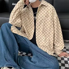 C499P36灯芯绒青少年常规无品牌棋盘格长袖衬衫男秋季美式复古，男装衬衫，星座512-6