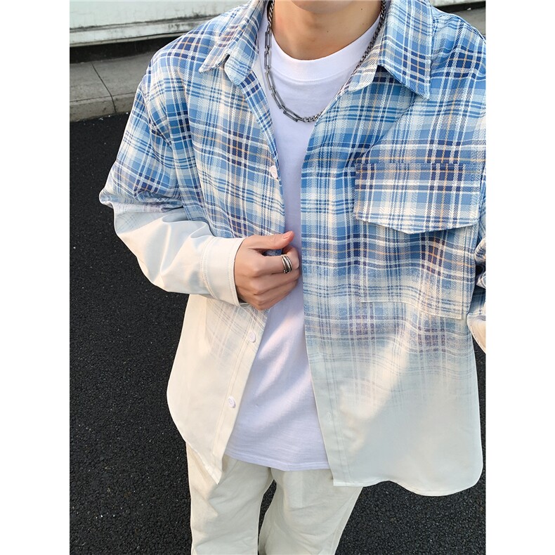 春季新款渐变晕染流动感格纹衬衫C0559-P58,男装衬衫,星座308B-2