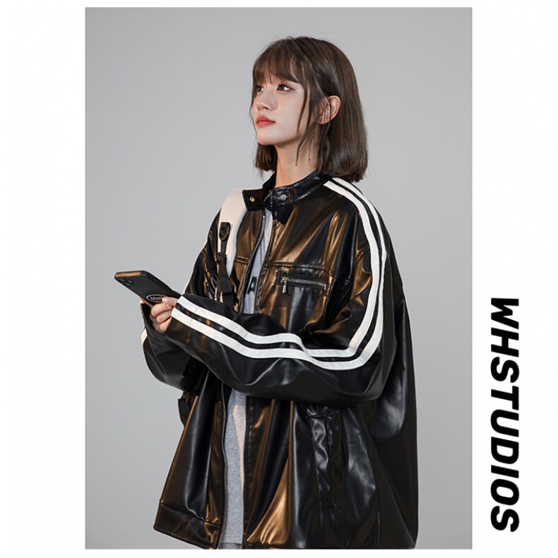 高品质美式条纹小立领PU皮衣情侣机车服夹克外套JK2315-P98控128,男装夹克,星座221-1