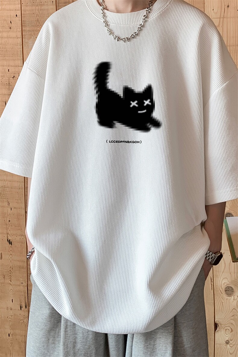 wassuphappy小猫华夫格卫衣男款春秋季潮流美式复古圆领休闲外套,男装T恤,电商B371