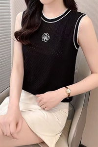 夏季圆领冰丝山茶花花边领撞色针织背心女打底衫无袖砍袖百搭薄款图片