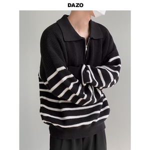 1506-1/MM351/P47翻领长袖毛衣男韩系宽松复古休闲半拉链条纹针织,男装针织衫/毛衣,星座1506-1