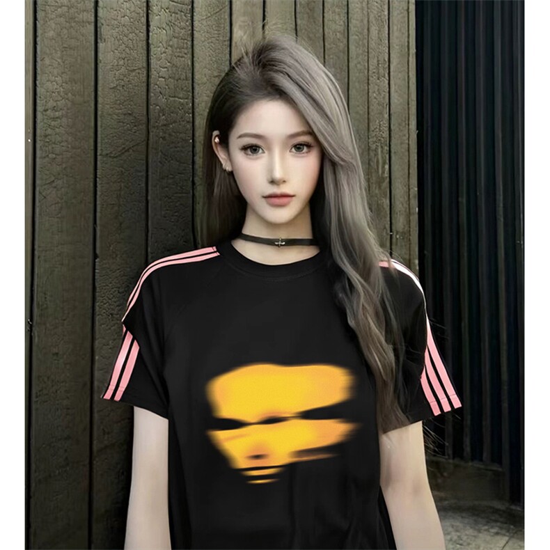 抖音得物品质二开240克宽松纯棉美式潮牌印花三条杠中性风短袖T恤,男装T恤,电商A486-1