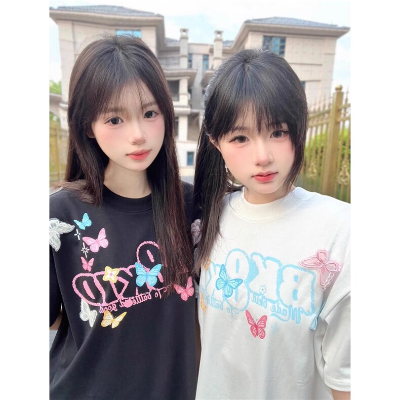 夏季新款美式复古潮牌立体蝴蝶字母短袖T恤男女情侣宽松半袖衫,男装T恤,星座506A