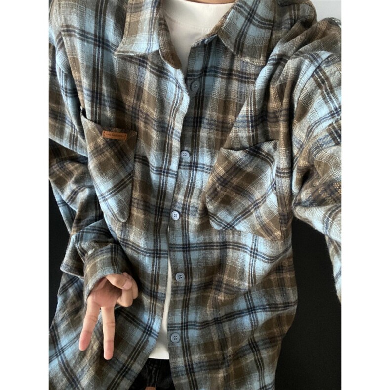 【有货】美拉蓝穿搭格子衬衫男设计感衬衣美式复古外套C40LL-P43图片