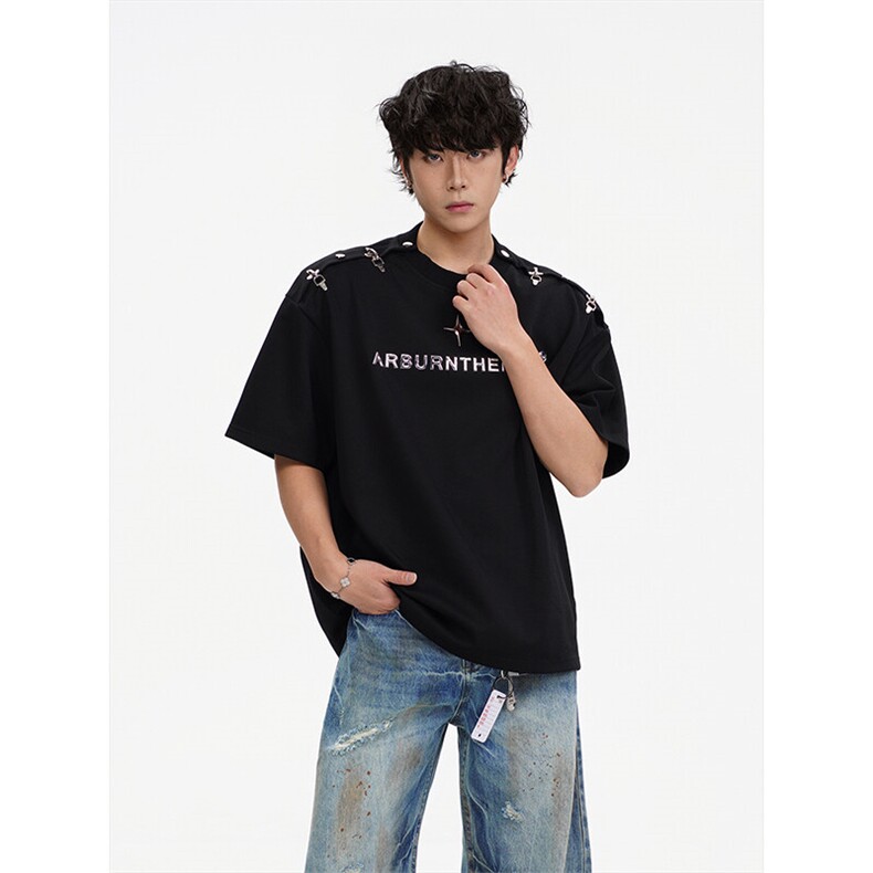 设计感解构垫肩t恤男短袖夏季欧美潮牌重磅hiphop高级感美式体恤,男装T恤,电商A003