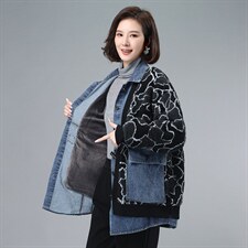 2021年冬季通勤宽松加绒长袖文艺拼接牛仔颗粒绒外套，女装卫衣/绒衫，叶笙衣