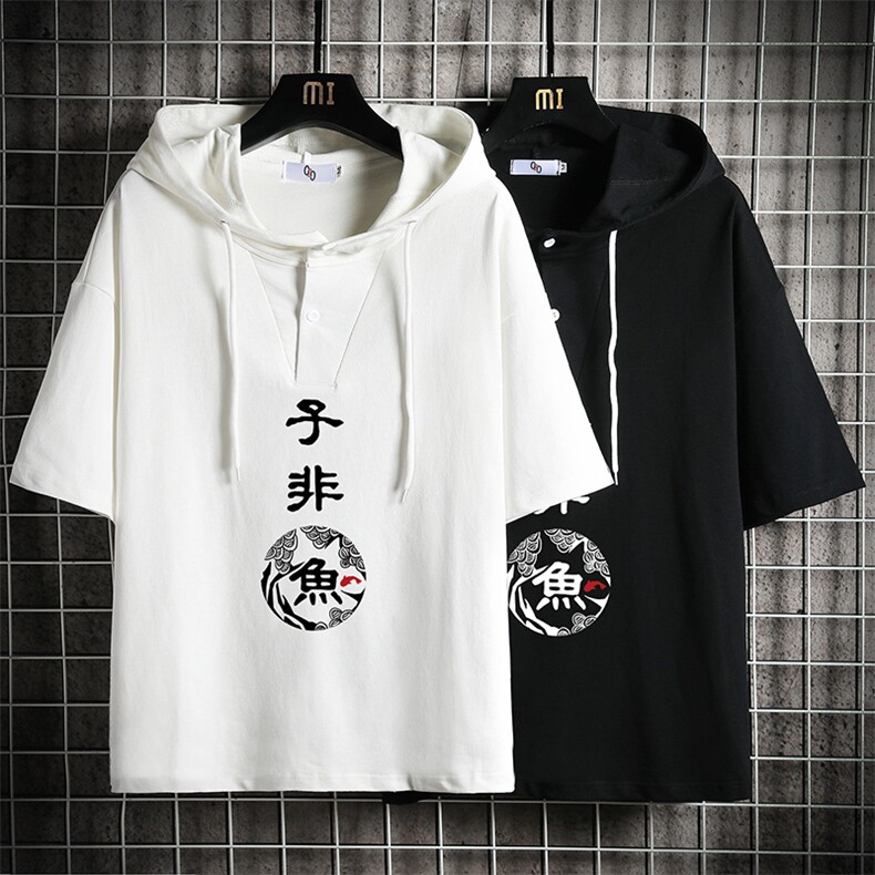LD54070-P45连帽短袖t恤男大码胖子带帽五分袖中袖网格挂拍,男装T恤,电商A040A