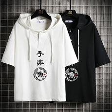 LD54070-P45连帽短袖t恤男大码胖子带帽五分袖中袖网格挂拍，男装T恤，电商A040A
