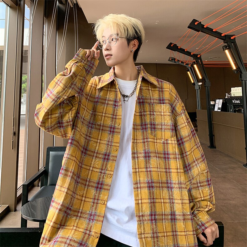 S01-P38美式黄色格子磨破宽松型长袖情侣衬衫,男装衬衫,星座1503