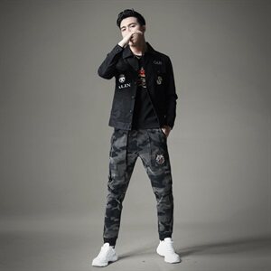 2021秋冬新款潮男个性翻领排扣修身牛仔衣款货号1863-1图片