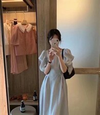 【郁金香盛开】夏季新款面料立体泡泡袖连衣裙，女装连衣裙，Waves smile