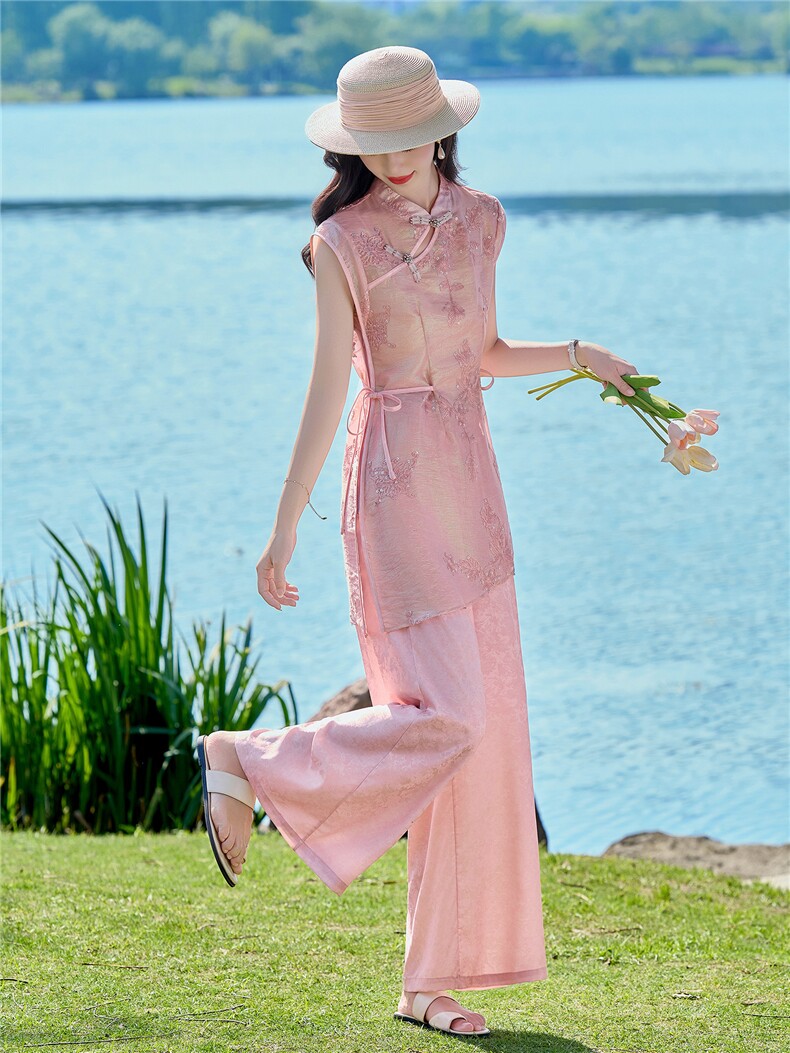 时尚洋气刺绣棉麻套装女2026夏季新款宽松遮肉衬衫领阔腿裤两件套,女装套装/套裙,众宇琦