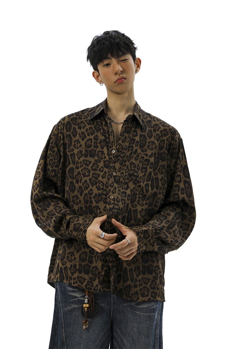 无影墙豹纹长袖衬衫大码M-5XL100%聚酯纤维衬衫男CS78728P35控58,男装衬衫,星座226-1