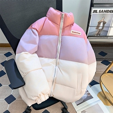 粉色拼接立领棉衣男女款韩版休闲宽松加厚面包服情侣保暖棉服外套，男装棉衣，星座506B