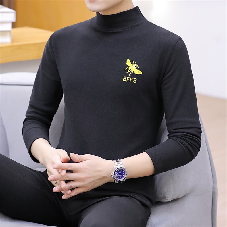 冬季半高领双面绒刺绣蜜蜂卫衣男加绒加厚保暖打底衫长袖棕330P28,男装卫衣,星座1207