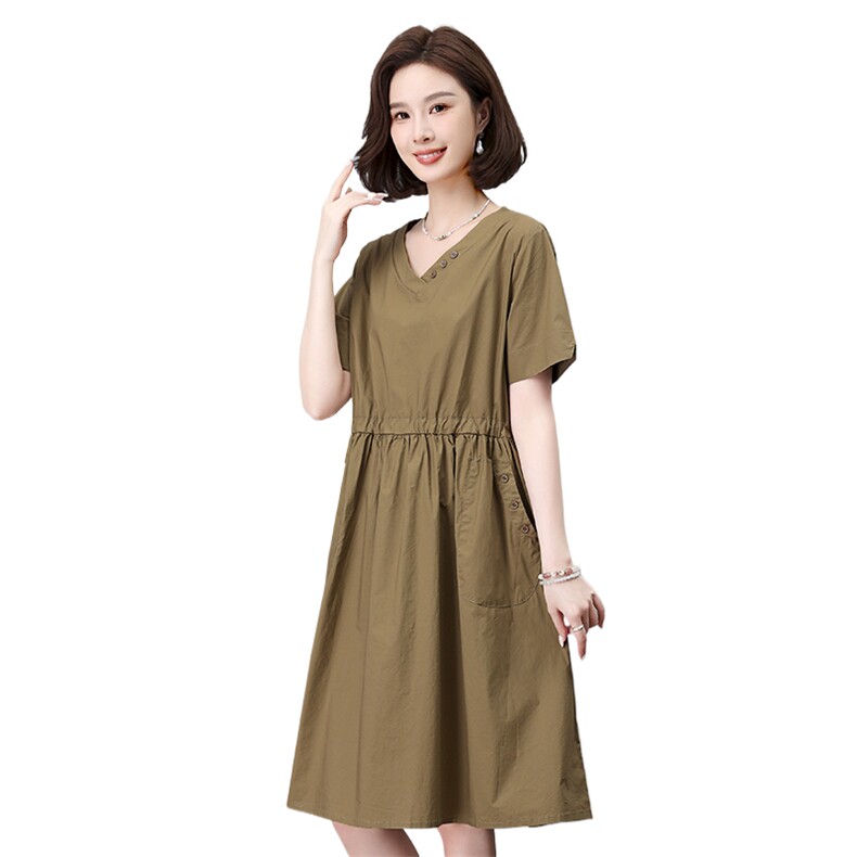 时尚宽松显瘦V领短袖连衣裙优雅气质百搭女装舒适面料,女装连衣裙,叶笙衣