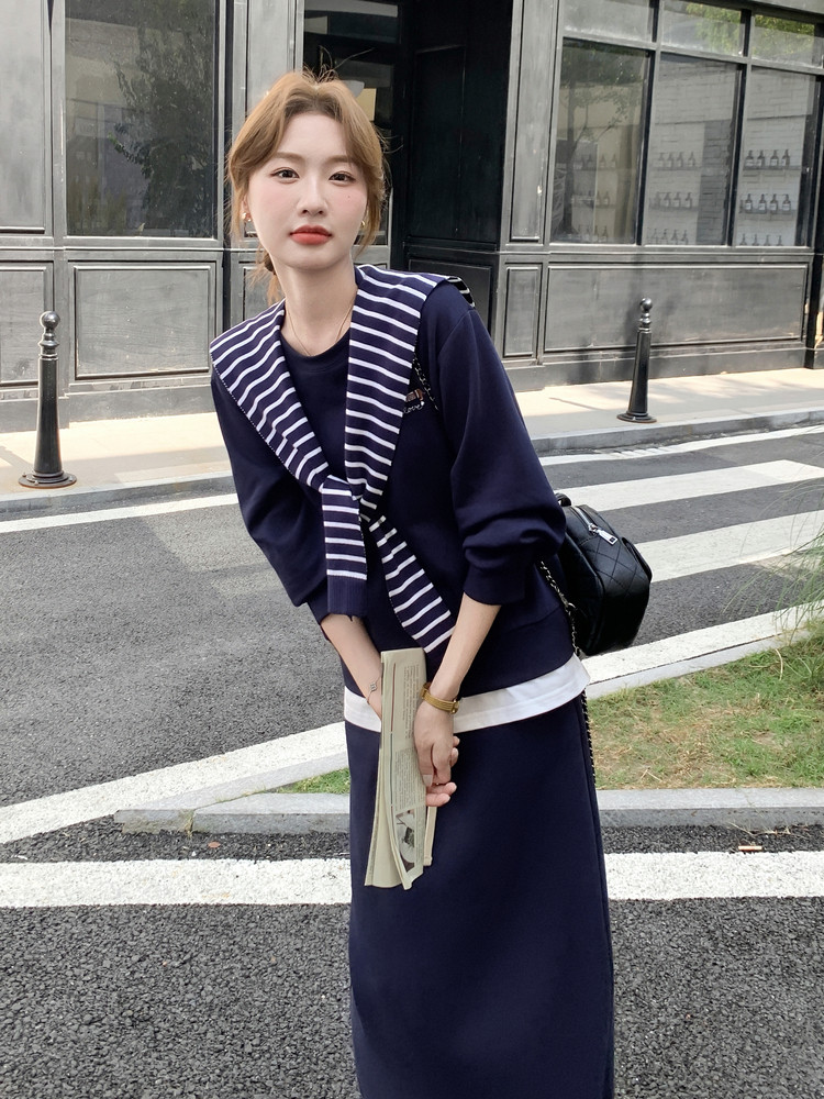 休闲减龄穿搭藏蓝色卫衣套装女春秋超火好看高级感半身长裙两件套,女装套装/套裙,1D102-1