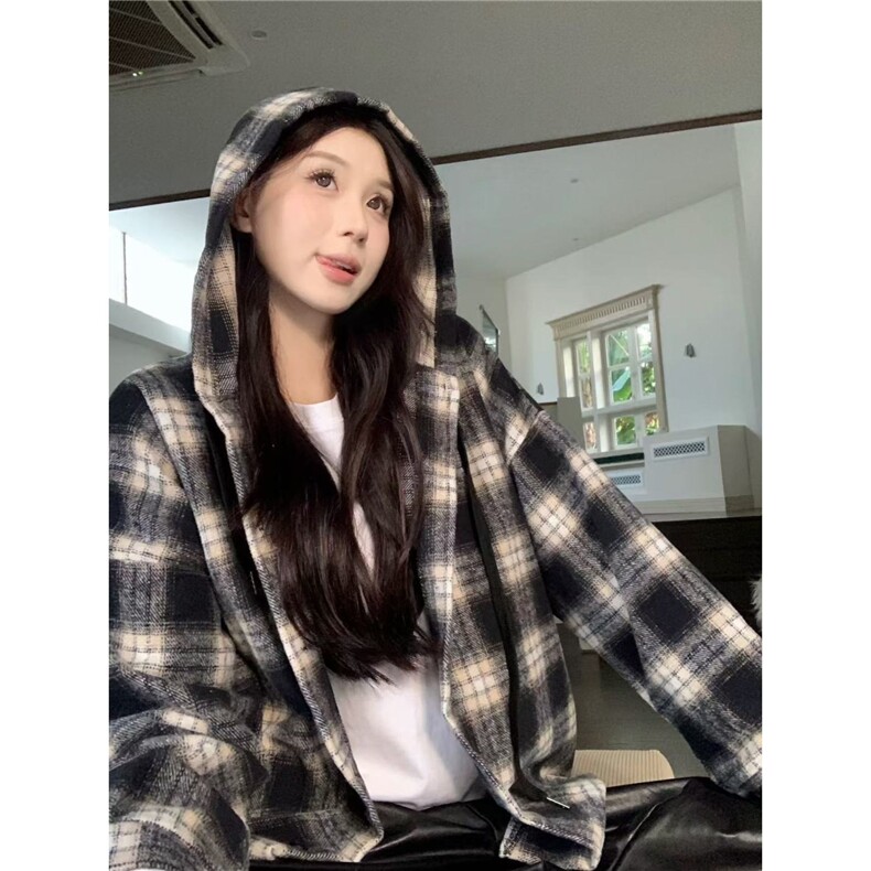 C144-P36Forqueens美式复古格子连帽衬衫毛呢外套，男装衬衫，电商B323A