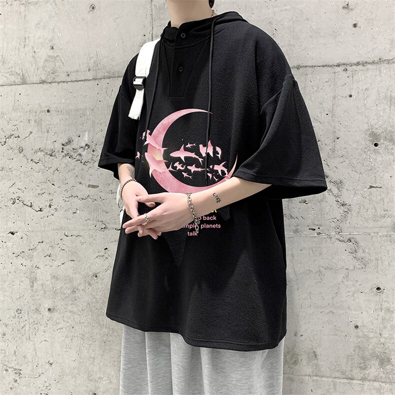 LD54209-P45连帽短袖t恤男大码胖子带帽五分袖中袖大皂风,男装T恤,电商A040