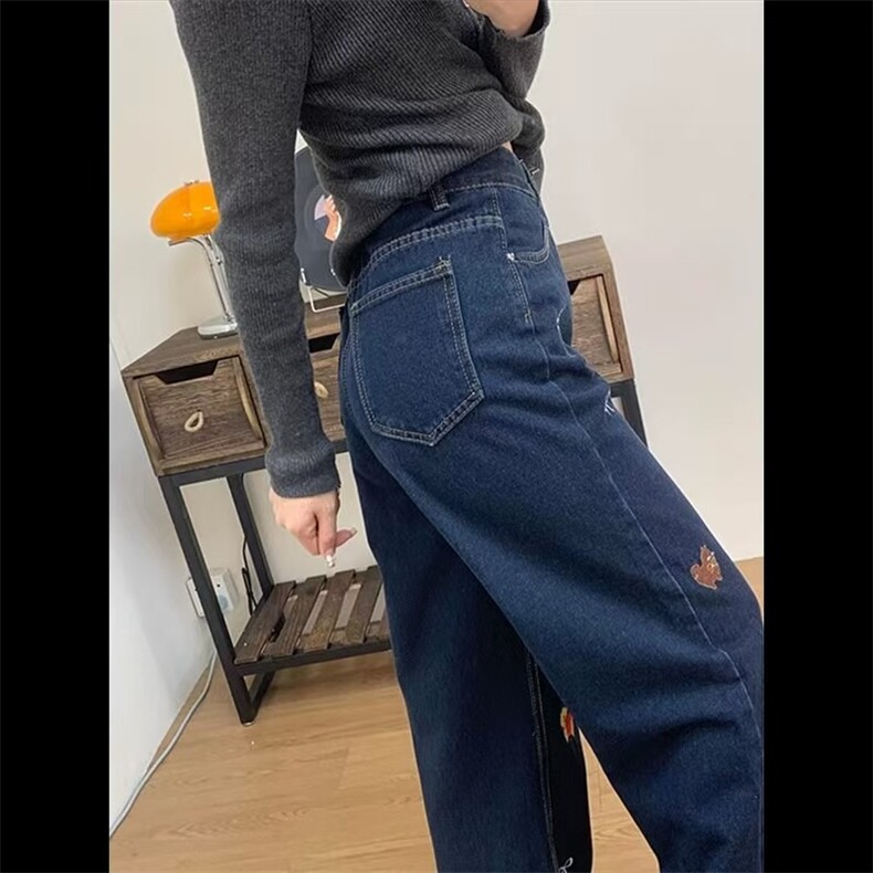 美式涂鸦刺绣阔腿牛仔裤女春秋季设计感小众高腰显瘦直筒拖地裤子,男装牛仔裤,星座506A