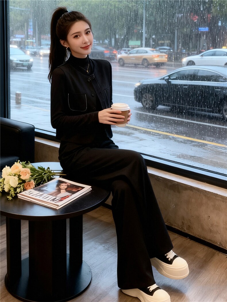 高端时尚套装女秋显瘦短款马甲外套内搭深灰打底衫阔腿长裤三件套,女装套装/套裙,江南