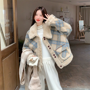 新款加厚-毛呢拼色复古翻领格子外套190-5069-P180-K248图片