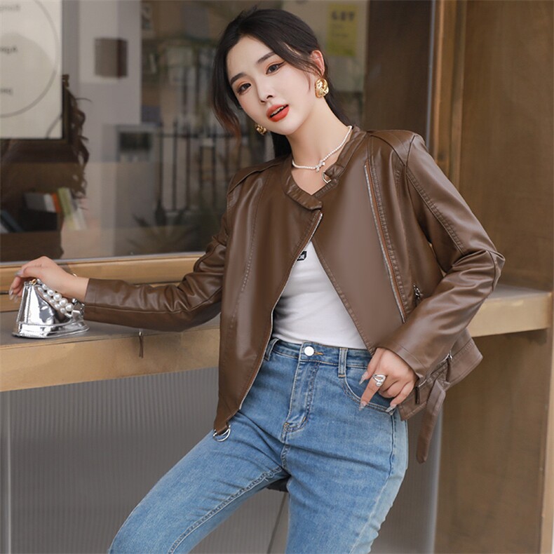 2023新款欧货高级款春秋皮衣外套女士短款高腰咖色机车pu皮夹克,女装皮衣,江南女神