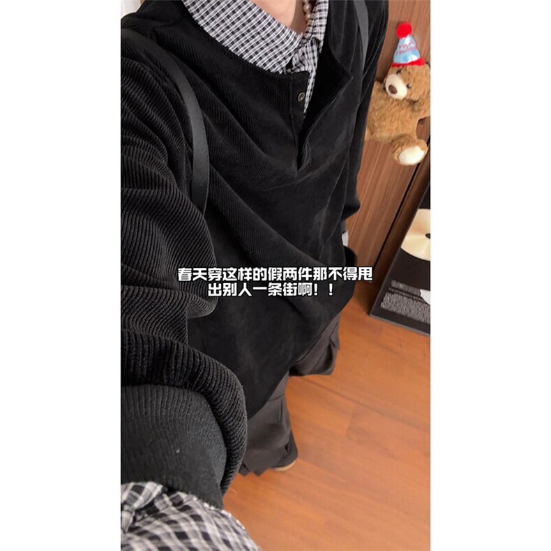 V领宽松休闲简约百搭上衣日系流行学院风条纹假两件卫衣HY713TP48,男装卫衣,电商A102B