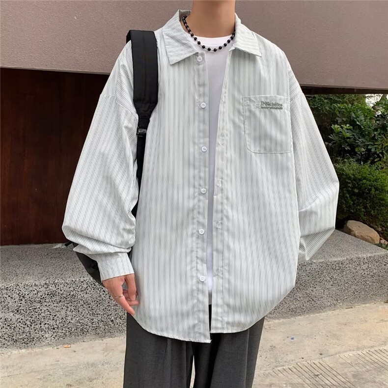港风chic复古条纹长袖衬衫男女秋季宽松设计感百搭衬衣潮MS38-P35,男装衬衫,星座1008