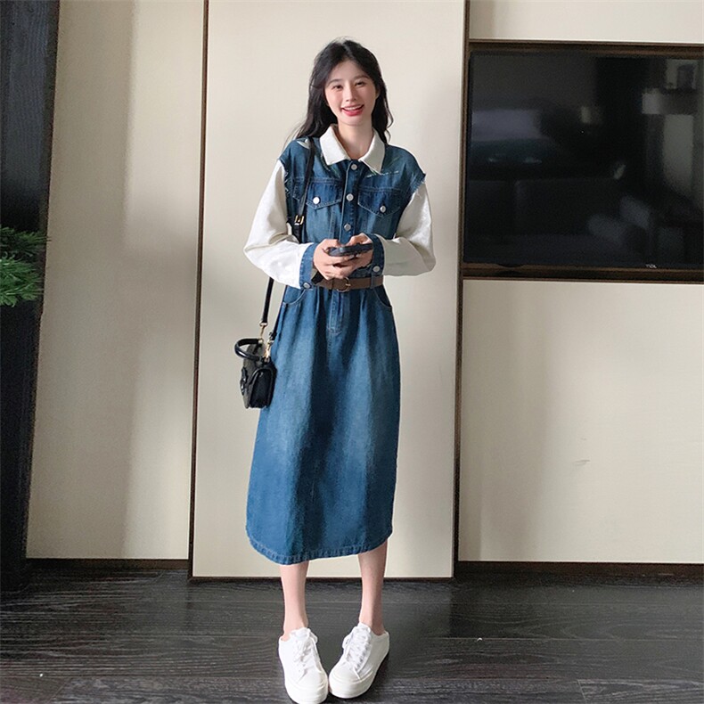 拼接牛仔连衣裙2024女中长款春季新款小个子修身裙子A字裙衬衫裙,女装连衣裙,钱塘布衣