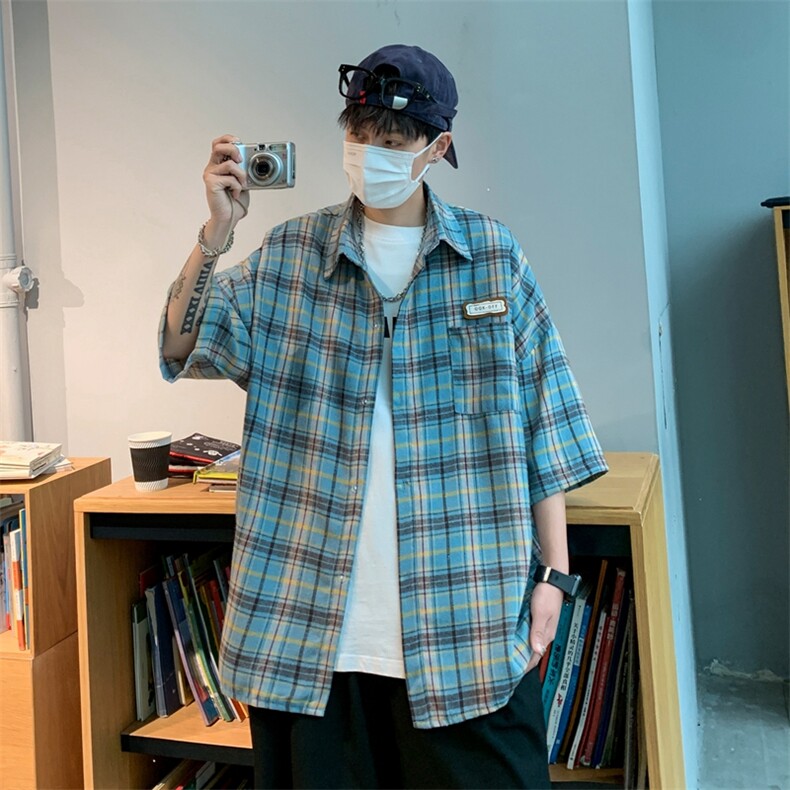 格子新款夏季短袖衬衫男港风潮流百搭宽松休闲半袖外套CS0355-P35,男装衬衫,星座308B-1