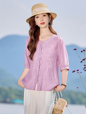 复古文艺天丝麻套装女2025夏季新款时尚绣花圆领衬衣阔腿裤两件套，女装套装/套裙，木橙西子