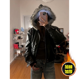 现货冬季美式潮牌痞帅PU皮机车服棉衣毛毛绒狼王座山雕皮棉服图片