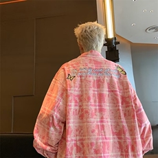 美式高街洗水做旧刺绣衬衫外套男女春秋情侣防晒长袖衬衣HJ25/P50，男装防晒衣，星座506