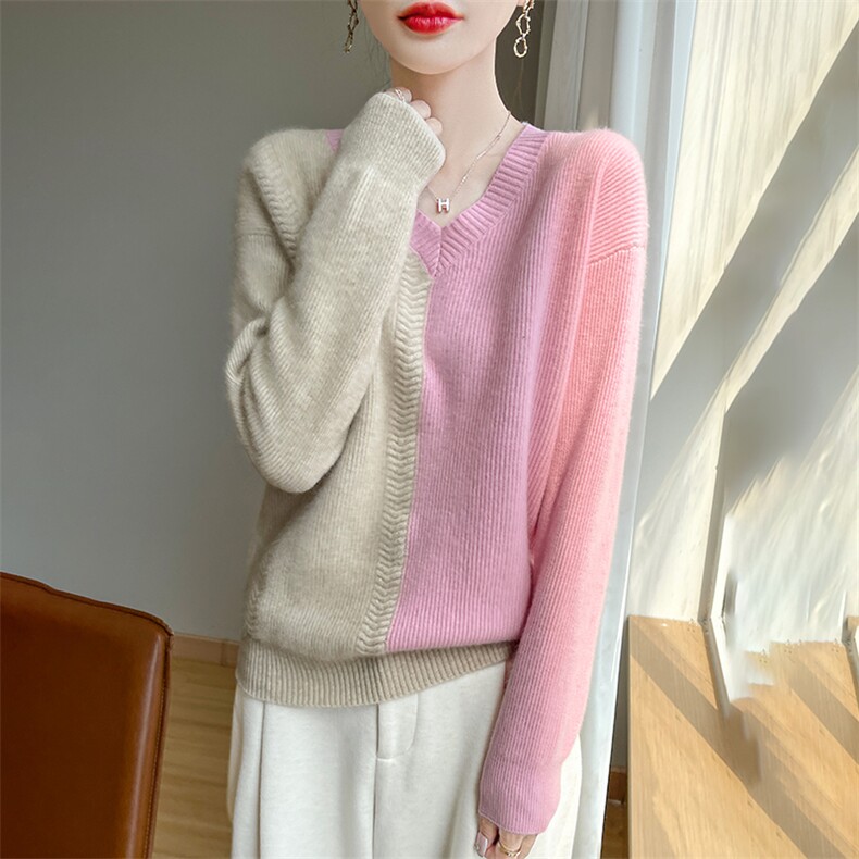 秋冬新款羊毛衫女v领提花拼色加厚毛衣软糯长袖针织衫图片