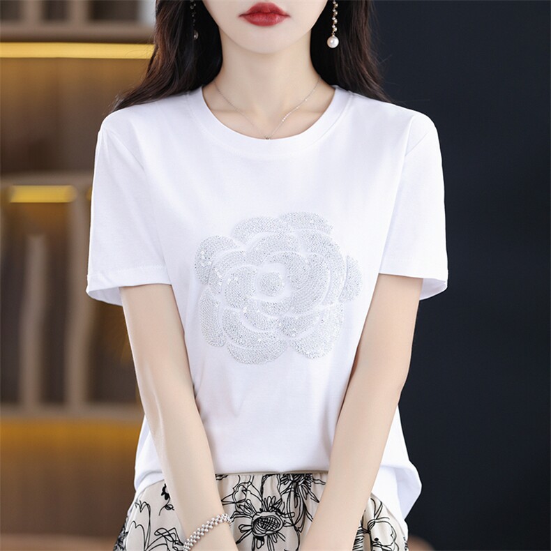 T恤女短袖圆领刺绣丝光棉宽松2025春新款上衣设计感减龄纯棉半袖,女装T恤,暖烁羊绒