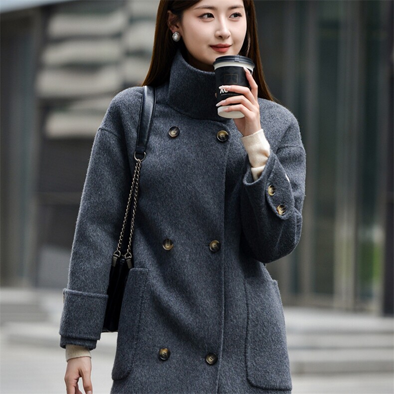 2025秋冬新款高领双面呢羊毛呢子女中长款赫本风双面羊绒大衣白色，女装双面呢大衣，亿美羊绒