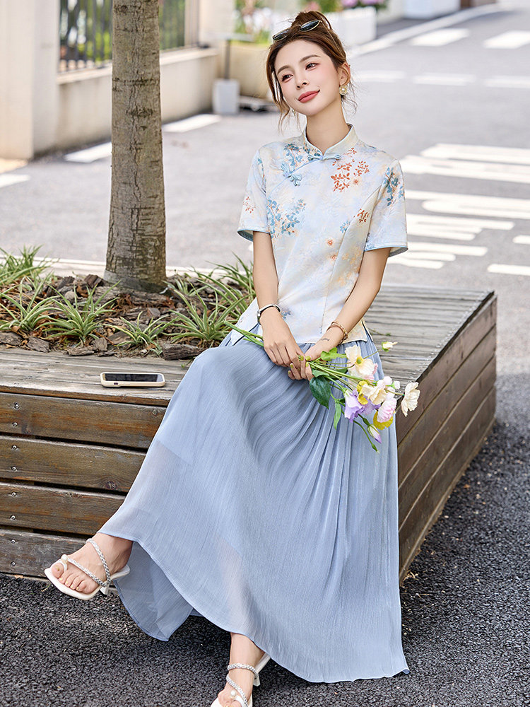 新中式国风套装裙女2025夏新款气质印花盘扣短袖上衣半身裙两件套,女装套装/套裙,沁沁公主