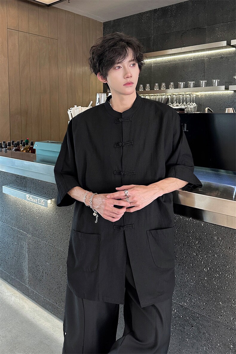 8XL-M新中式衬衫男中山装麻棉风复古中袖衬衣唐装CS527P60,男装衬衫,电商D206-1
