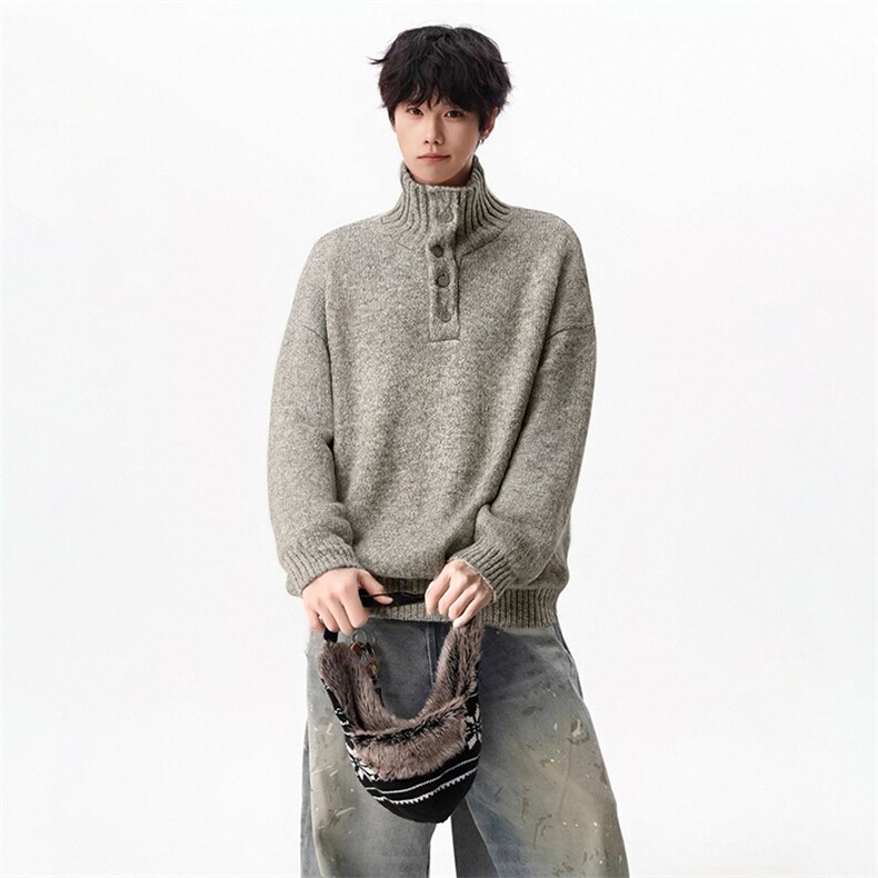 现货A2329TP68-秋冬老钱风半高领毛衣男重磅800g纽扣针织衫外套，男装针织衫/毛衣，电商B241