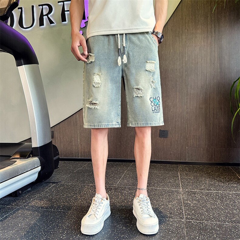 2025新款夏季水洗牛仔短裤 男士破洞印花休闲五分裤潮男901N20P38图片
