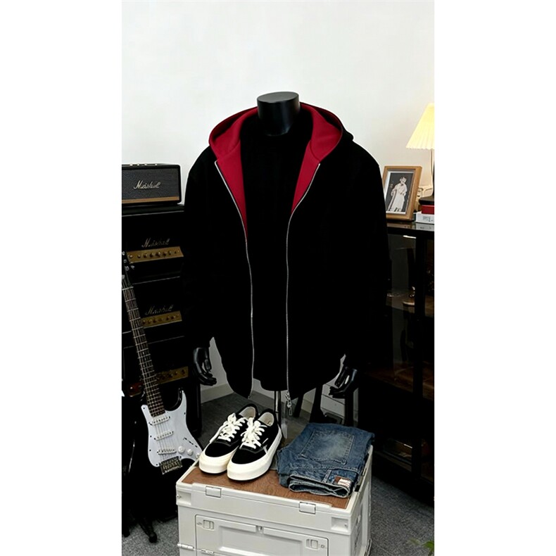 重磅高品质硬挺boxy26春装美式高街结构撞色拼接连帽卫衣开衫外套,女装短外套,电商A486