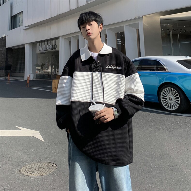2024春秋季翻领卫衣男宽松拼接美式ins休闲青年上衣服W0041-P38图片
