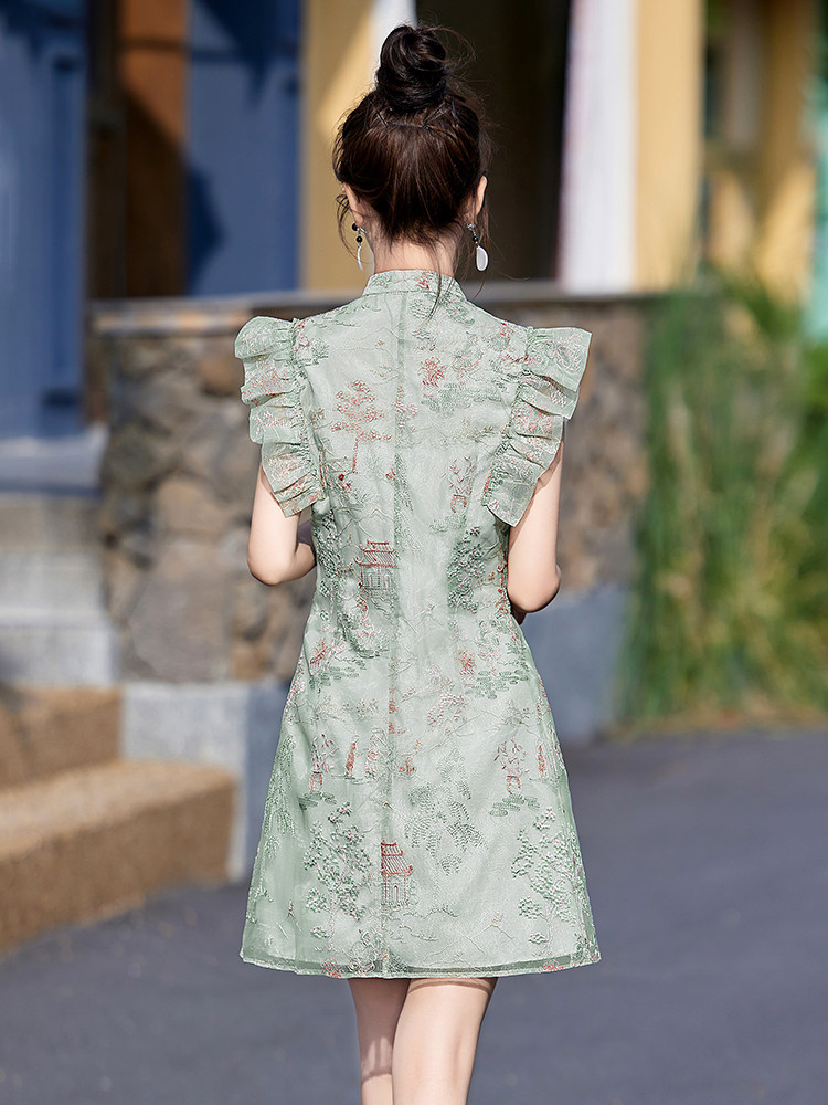 新中式国风套装女2025新款夏季小个子旗袍连衣短裤裙欧根纱两件套,女装套装/套裙,布芭啦