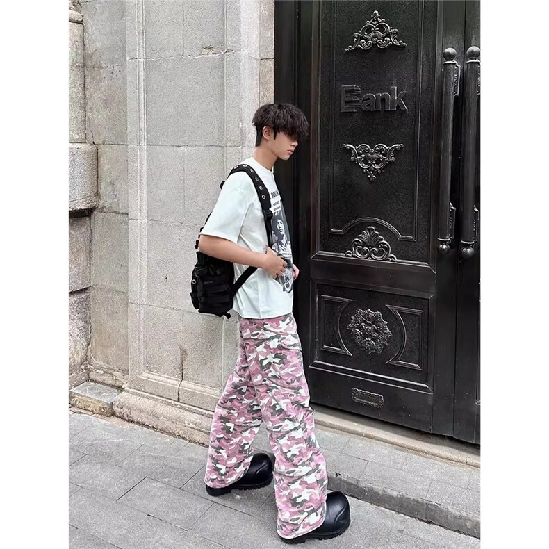 粉色工装迷彩裤男潮牌美式高街vibe裤子宽松直筒阔腿长裤,男装牛仔裤,星座506A