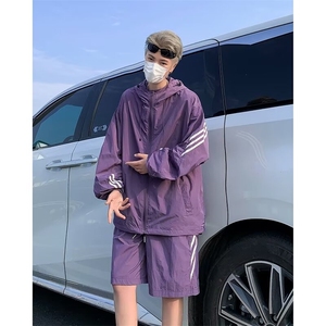 连帽防晒衣五分冲锋裤套装男夏季条纹轻薄机能运动两件套 BK99图片