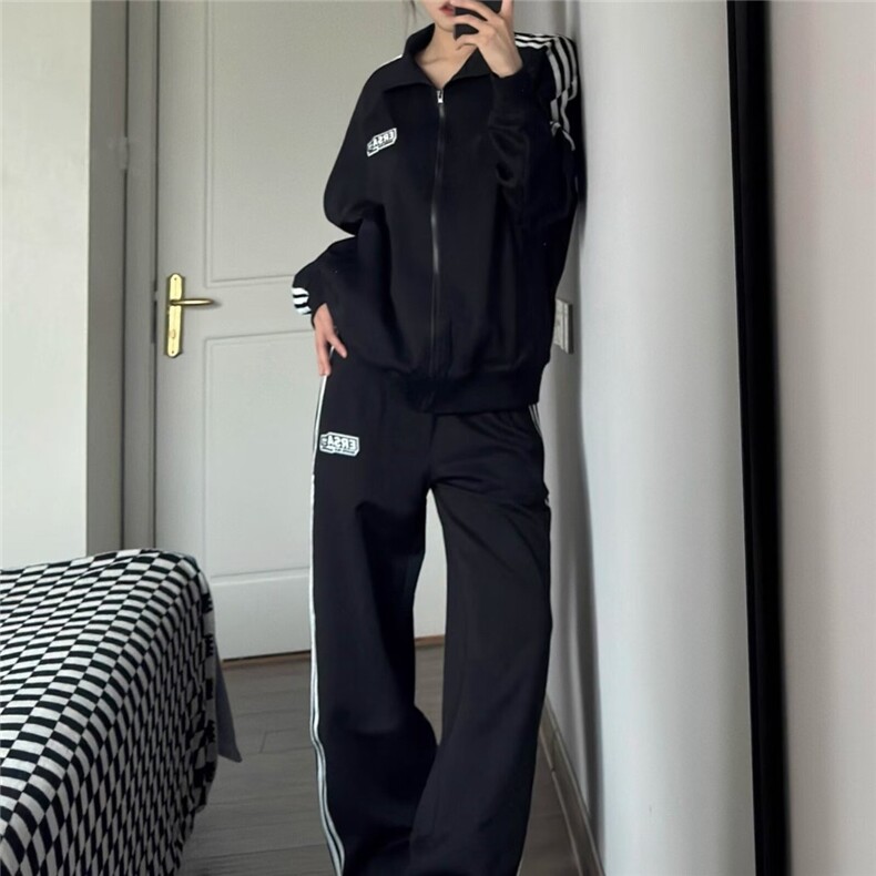 秋款设计感撞色拼接拉链短款男女外套阔腿裤两件套装TZ777P84，男装休闲套装，星座1013-5