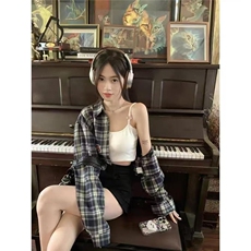 复古粉色格子衬衫外套女春夏小众设计感宽松慵懒风防晒衬衣上衣，男装衬衫，星座1210-1