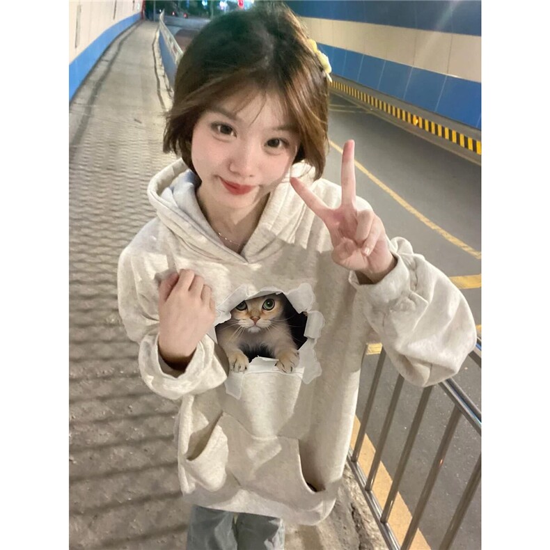 C0229-55 卡通立体猫咪印花 连帽卫衣 男女同款情侣图片